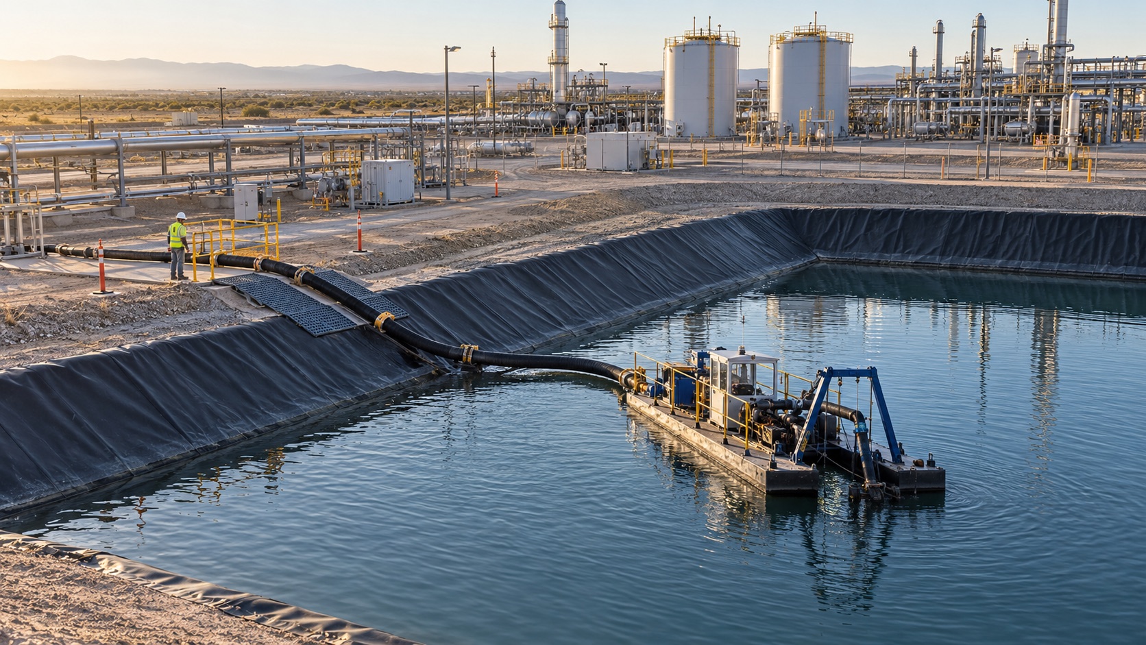 Carefully routed dredging hose and floating equipment at an active energy facility