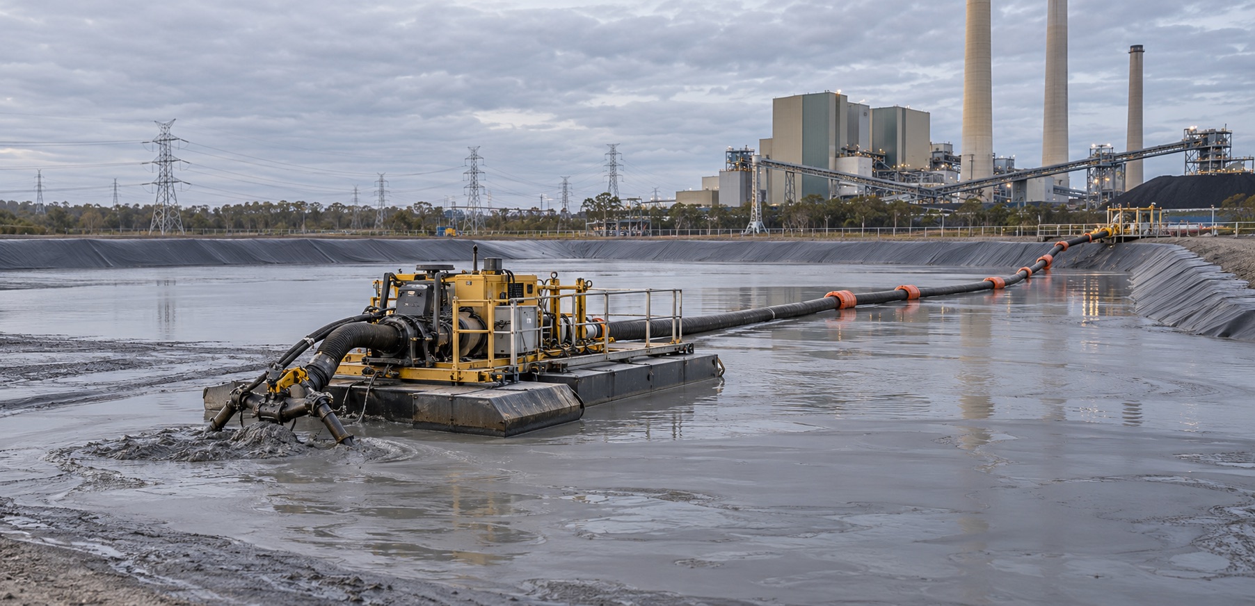Specialist dredge removing settled ash and mineral fines from a lined energy-sector pond