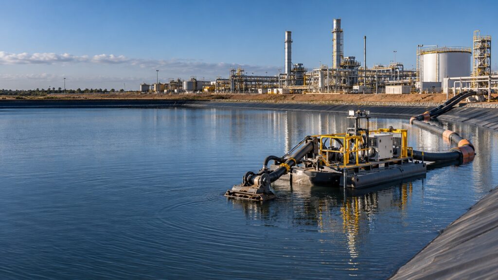 Specialist floating dredge operating in a lined process-water pond at an energy facility