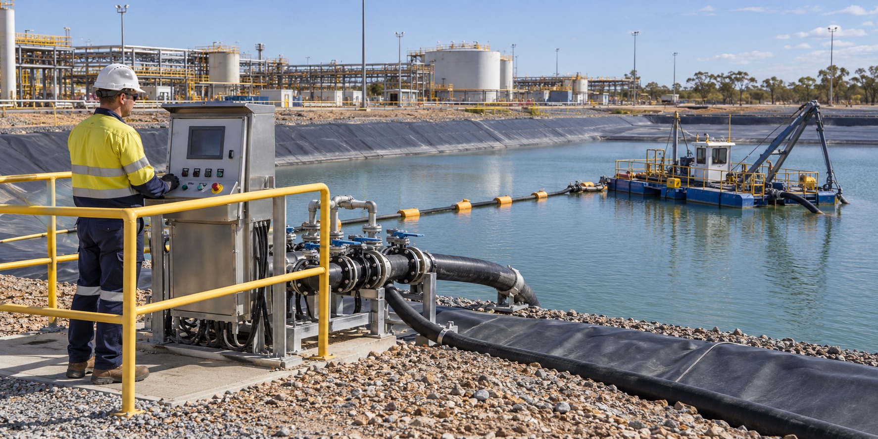 Operator remotely monitoring dredging equipment at a lined energy process-water pond