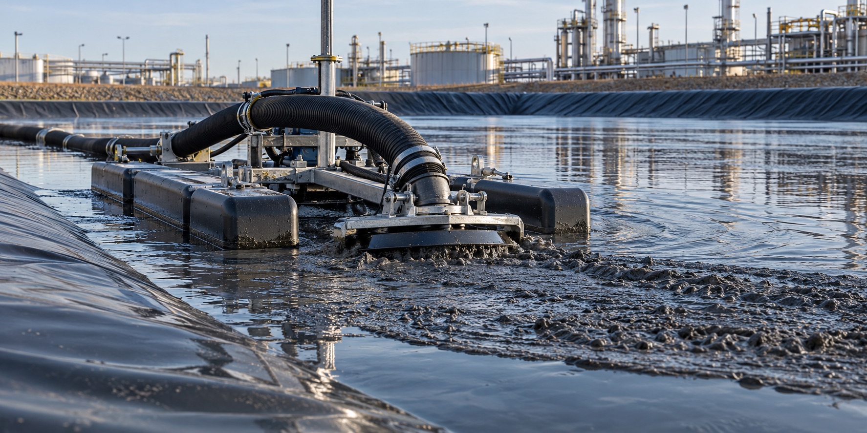 Low-profile dredging equipment removing dark sediment from a lined energy-sector pond