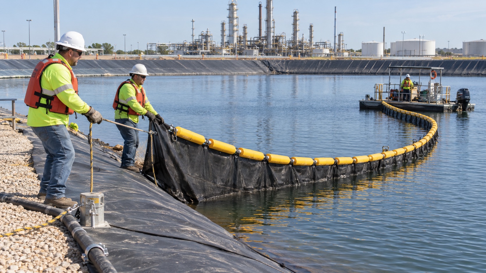 Site team installing a floating baffle as part of an industrial process-pond project