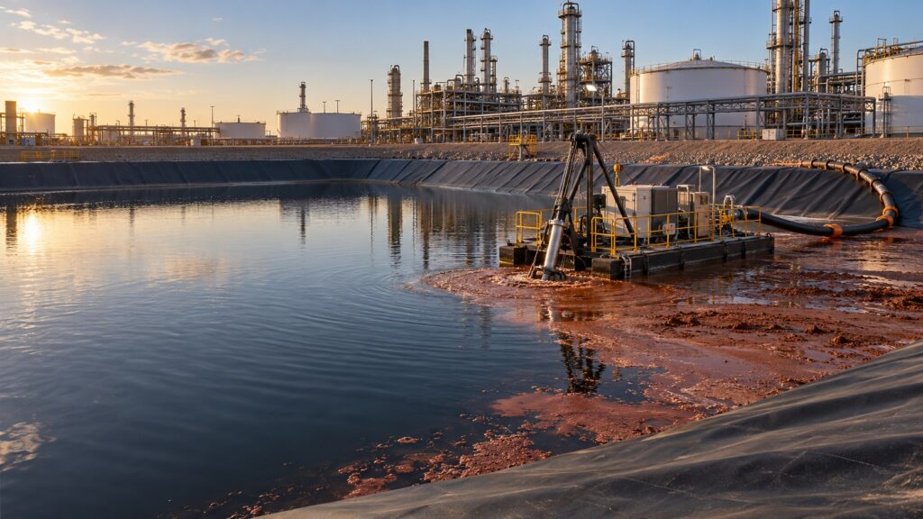 Specialist floating dredge operating in a lined industrial process pond at a refinery