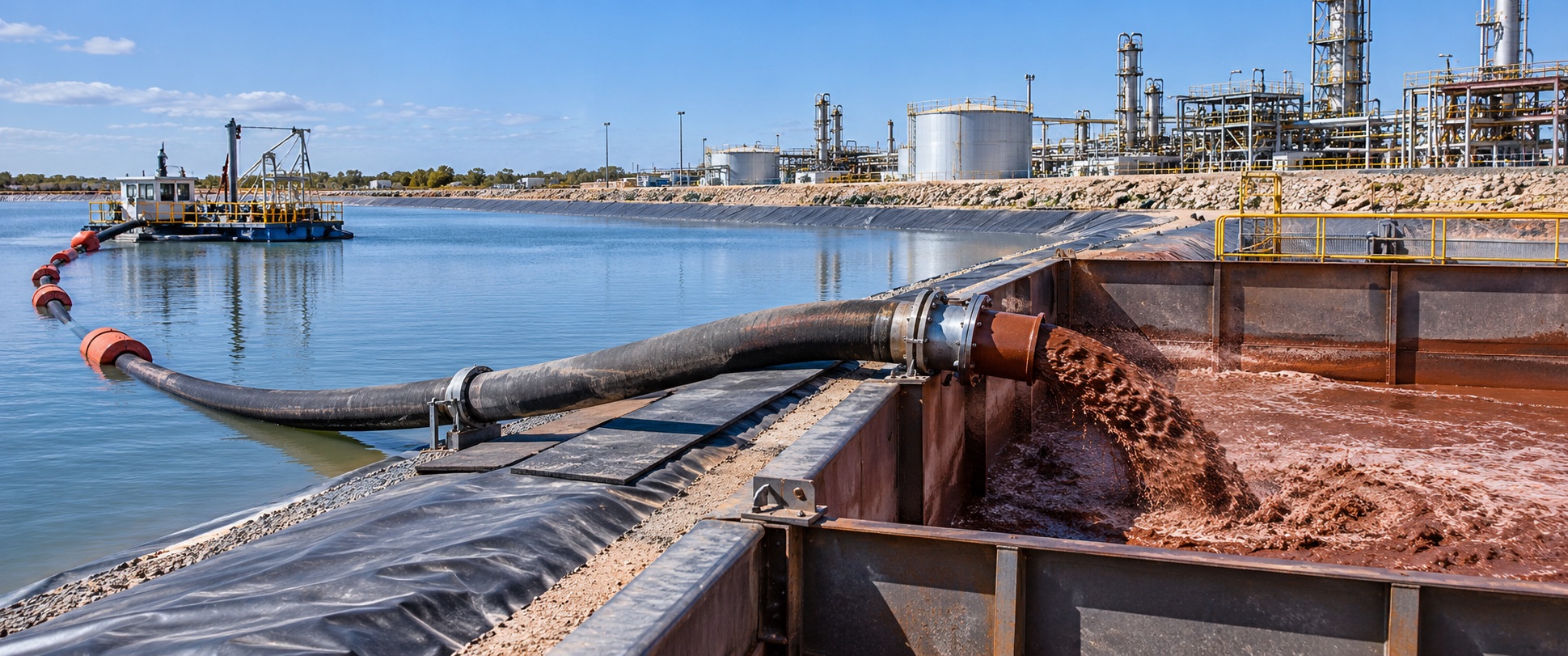 Dredged industrial pond material transferred to a contained on-site receival point