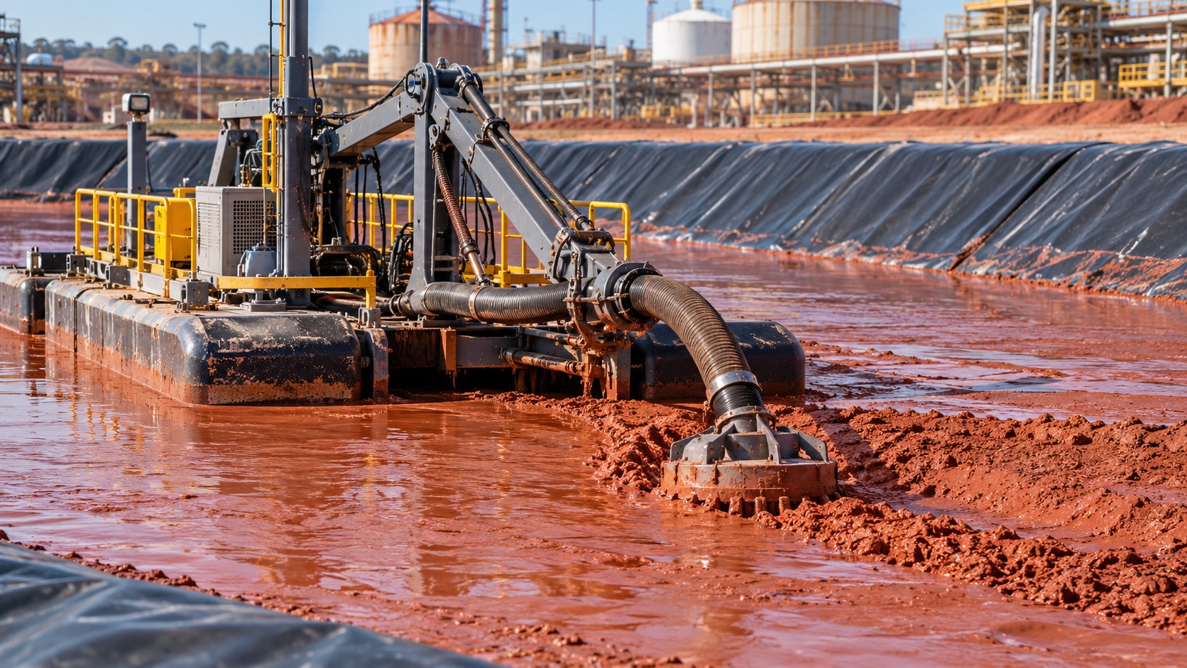 Specialist dredging equipment removing red mud from a plastic-lined industrial settlement pond