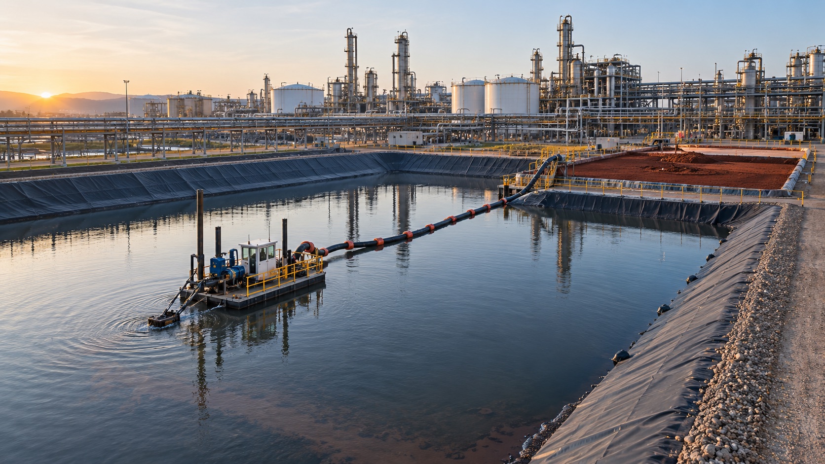 Specialist dredging underway in a lined industrial settlement pond beside an active refinery