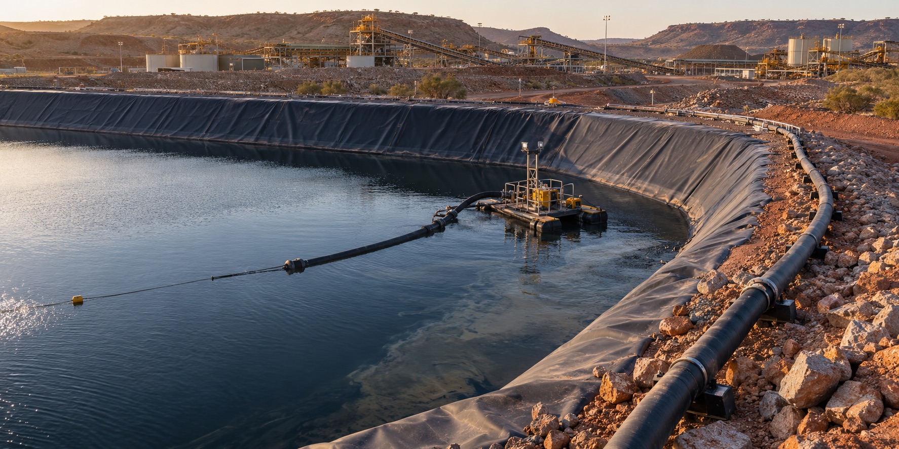 Remote dredging equipment working in a difficult-access plastic-lined mining pond