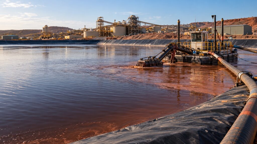 Specialist floating dredge operating in a plastic-lined mineral-processing pond