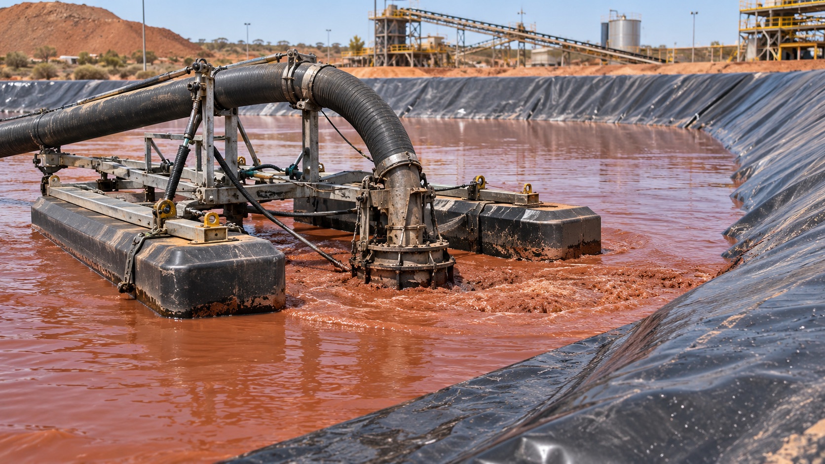 Specialist dredging equipment removing mineral sediment from a plastic-lined mining process pond