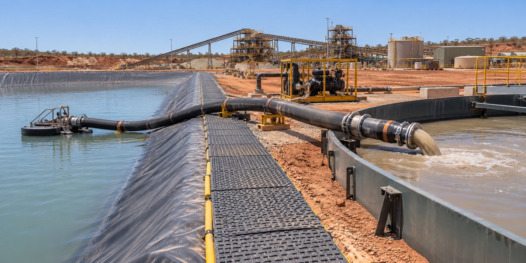 Dredging hose transferring mining pond sediment to a contained on-site receival point