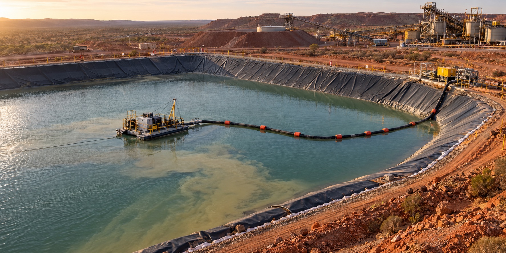 Complete specialist dredging setup in a remote Australian mining process pond